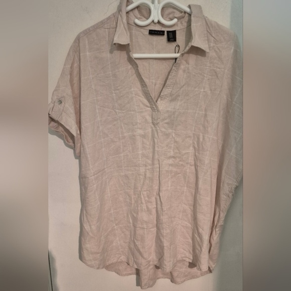 Tahari Tan Linen Blend Popover Shirt